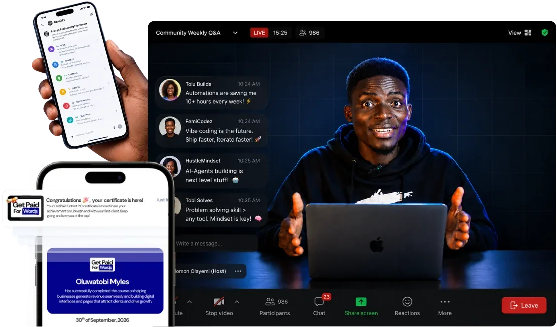 A live Get Paid For Words session — the prompt framework, the certificate, and the room